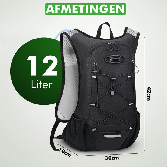Travelhawk Drinkrugzak - Hardloop Rugzak - Geschikt Voor 2L Waterzak - Waterafstotend, Lichtgewicht, Reflecterend - 12L - Zwart