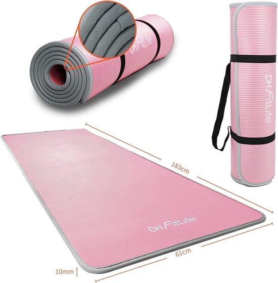 DH FitLife Trainingsmat, fitnessmat, sportmat, 183 x 61 x 1 cm, extra scheurvast, yogamat, antislip en dik, trainingsmat (roze)