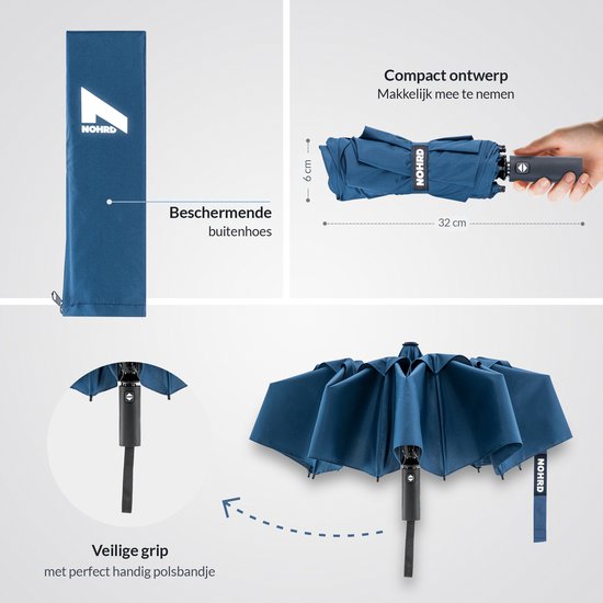 Nohrd Stormparaplu - Blauw - Paraplu Opvouwbaar - Wind Doorlaatbaar - 140 km/h - Stormparaplu's - Automatisch In- en Uitklapbaar - Paraplu's - Incl. Beschermhoes