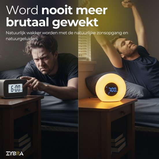 Zybra® Premium Wake Up Light - Digitale Wekker - Lichtwekker - Nachtlampje - Wekker - 20 Helderheid niveaus - 25 White Noise geluiden - Incl. Nederlandse handleiding