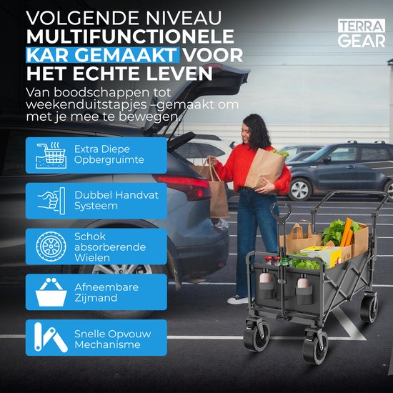 TerraGear Bolderkar opvouwbaar - Bolderkar met dak en duwstang - Zwart - 120L inhoud - 150KG draagcapaciteit
