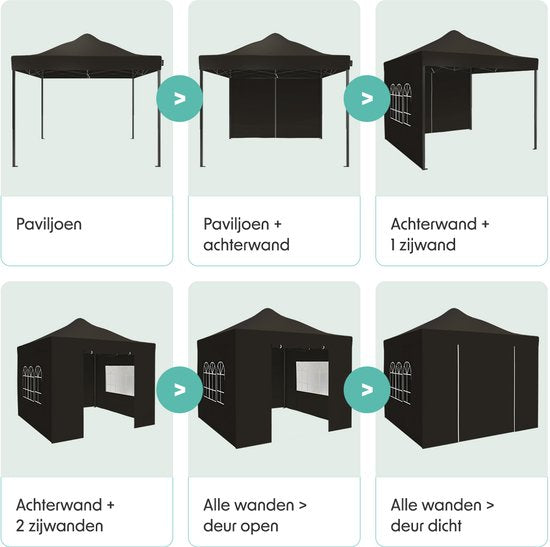 LifeGoods Partytent - Paviljoen - Easy Up - Opvouwbaar - Zijwanden - Waterdicht - Met Draagtas - 292 x 292 cm – Antraciet