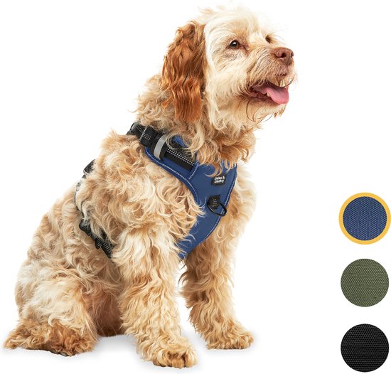 Jake and Jacky Hondentuigje - Anti-Trek Tuig - Hondenharnas - Y Tuig Hond - Reflecterend - Blauw - Maat M