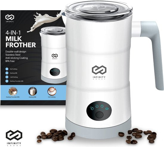 Infinity Goods 4-in-1 Elektrische Melkopschuimer - 350 ml - Opschuimen en verwarmen - Cappuccino - Vaatwasserbestendig - Wit