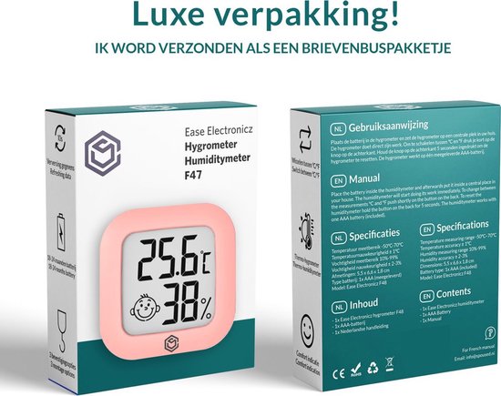 Ease Electronicz Hygrometer - Weerstation - Luchtvochtigheidsmeter - Thermometer Voor Binnen - Incl. Batterij en Plakstrip