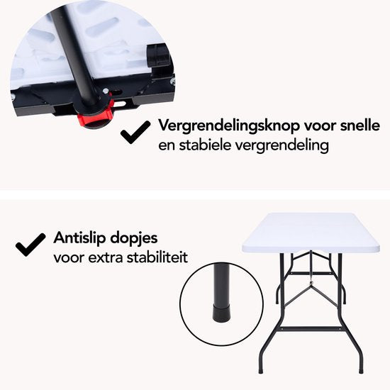 Brixy Inklapbare Tafel - Vouwtafel - 180 x 70 x 74 cm - Campingtafel - Tuintafel - Draagbaar - Wit