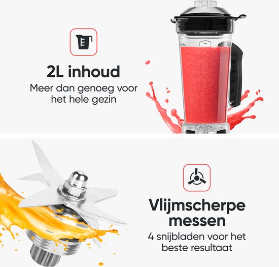 Kitchenwell Power Blender – 2000W – 2L – Smoothie Maker & IJscrusher – 9 Standen – RVS/Zwart