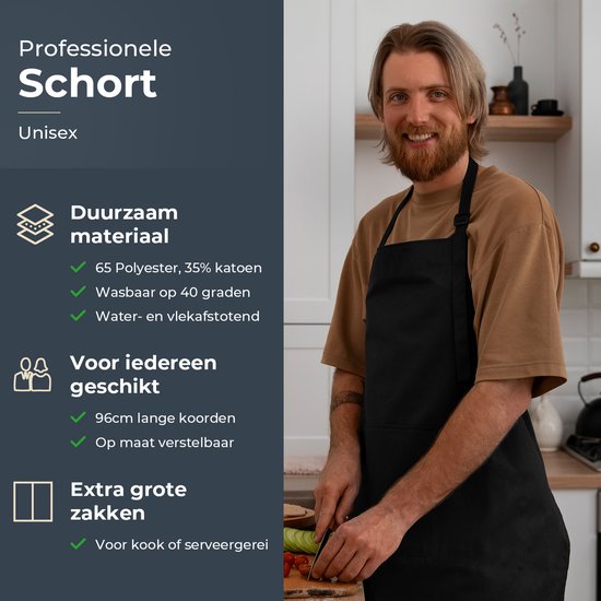 Keukenschort - Water- en vuilafstotend - Professioneel Kookschort - Schort voor Dames en Heren - Horeca Sloof - Unisex - Verstelbare Gesp - Extra Grote Vakken - Zwart