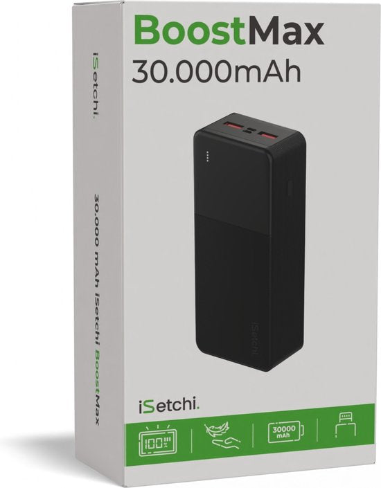 iSetchi BoostMax - Universele Powerbank - 30000 mAh - Externe Batterij - Noodpakket - USB-C & Micro USB - Draagbare Lader - 22.5W Fast Charge - Zwart