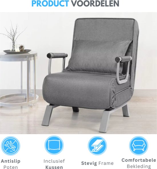 Livista 3-in-1 Uitklapbare Slaapstoel Belastbaar Tot 100 kg Grijs- Inklapbare Slaapbank Met Verstelbare Rugleuning - Modern Design Logeerbed - Slaapfauteuil