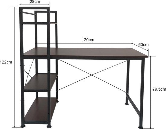 Bureau computertafel Stoer - 3 opbergplanken - industrieel vintage bruin - metaal hout