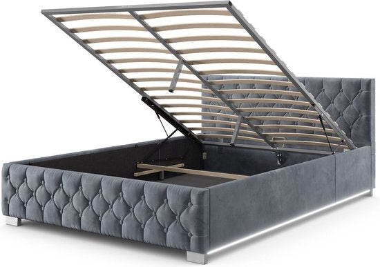 Juskys - Gestoffeerd Bed Nizza - 140 x 200 cm - Grijs & Fluweel - Met LED Verlichting & Bedlade - Modern Design - Inclusief Lattenbodem