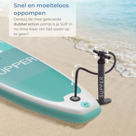 Supper Sup Board XL - Max. 220KG - Opblaasbaar – Paddle Board – Waterdicht Telefoonhoesje – Pomp – Vin – Leash – Draagtas – 335 x 81 cm - Turqoise