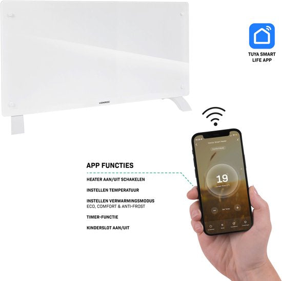 VONROC Luxe elektrische kachel - Convectorkachel - glazen paneel – 1250W/2500W - Verwarmt ruimtes tot 30m2 - Bediening app (via Wifi) als handmatig – Wit