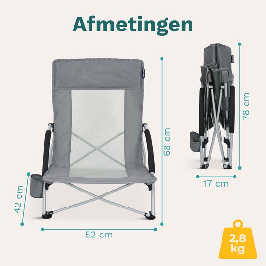 TRVLMORE Strandstoelen - Set van 2 - Inklapbaar en Opvouwbaar - 120KG Draagkracht - Lichtgewicht - Met Draagtas en Bekerhouder - Grijs