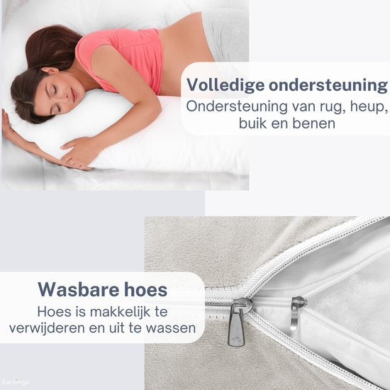 Earkings Zwangerschapskussen Zijslaapkussen 140x80cm U-vorm met Afneembare hoes - Body Pillow lichtgrijs