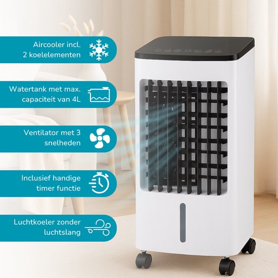 Lifetime Air Aircooler met Koelelementen - Ventilator, Luchtbevochtiger en Luchtkoeler - 55dB - Afstandsbediening en Timer - Watertank 4L - 22 x 24 x 53,5 cm