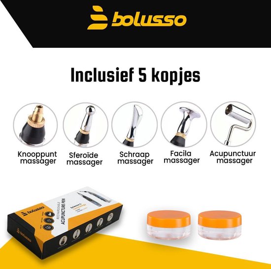 Bolusso Complete Acupunctuur Pen Set – Inclusief 5 Kopstukken, Nederlandse Handleiding – Massage Pen en Hulpmiddel – Oplaadbaar - Inclusief Gel Potjes