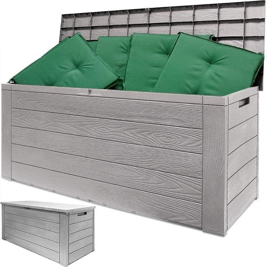 Deuba Kussenbox Woody 120cm grijs hout-look – tuinkussenbox tuinbox