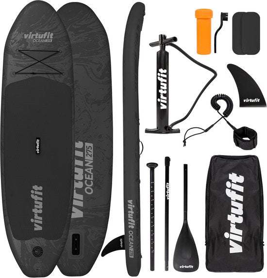 VirtuFit Ocean Opblaasbaar SUP Board 275 cm - Max. 150 kg - Complete Set - Inclusief Pomp, Peddel, Draagtas, Accessoires & GoPro-mount - Stand Up Paddle Board - Zwart