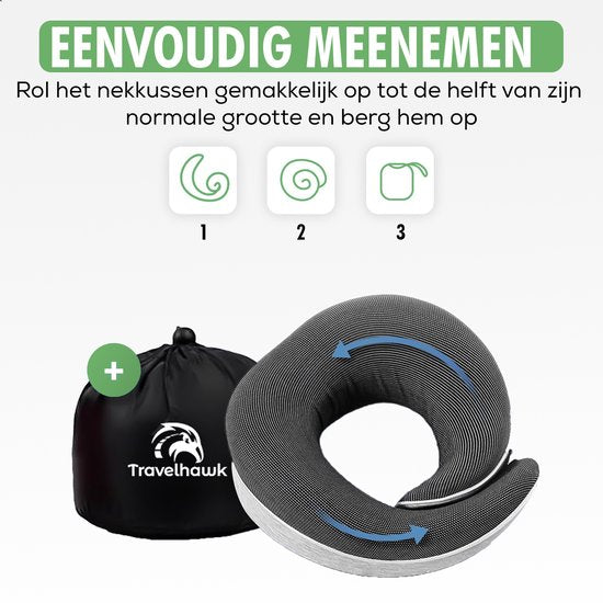Travelhawk Nekkussen - Luxe Reiskussen - Memory Foam - Nekkussen Vliegtuig, Auto, Bus, Trein en Camping - Nek Kussens - Grijs