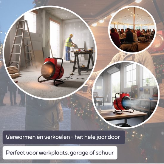 Perel Elektrische ventilatorkachel 3000W, 2 warmtestanden, thermostaat en koelstand, IP24, oververhittings- en kantelbeveiliging, compacte draagbare heater voor werkplaats, garage, schuur