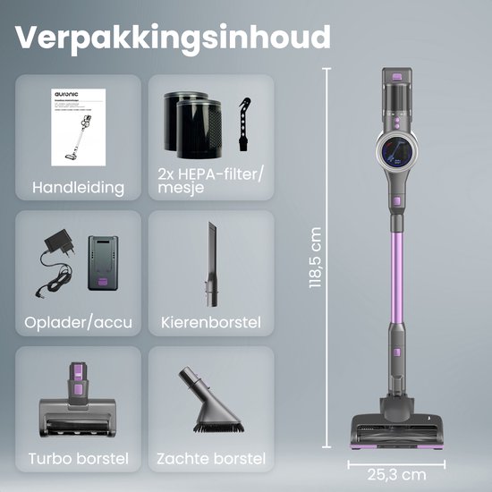 Auronic Steelstofzuiger - Draadloos - Zelfstaande Stofzuiger - Zonder Zak - 350W - Vacuum Cleaner - Grijs/Paars