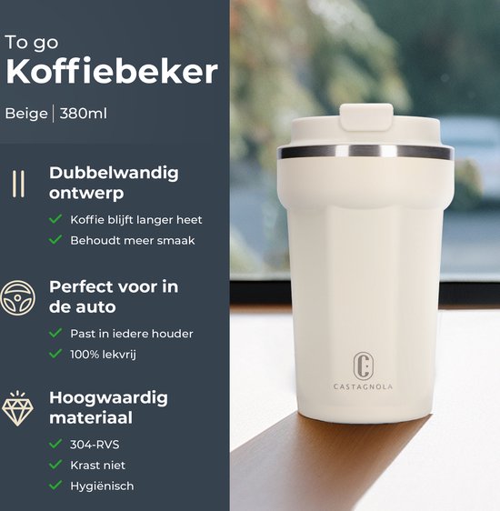Castagnola Thermosbeker - Koffiebeker To Go - Travel Mug voor Koffie en Thee - Theebeker - 380 ML - RVS - Offwhite - Octagon