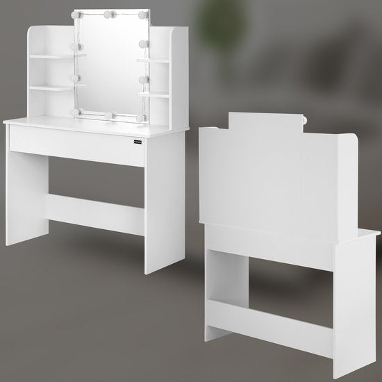 Casaria Make up tafel Lucia - Lade Spiegel LED 4 Planken 140x110 - Wit