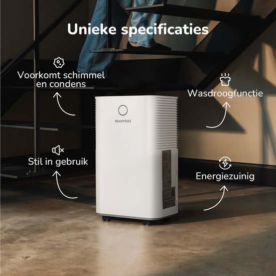 Bloomfold Luchtontvochtiger - 12L per Dag - Incl. Was-droog Functie - Geschikt voor Woonkamer, Slaapkamer, Kelder & Badkamer - Dehumidifier - Wit