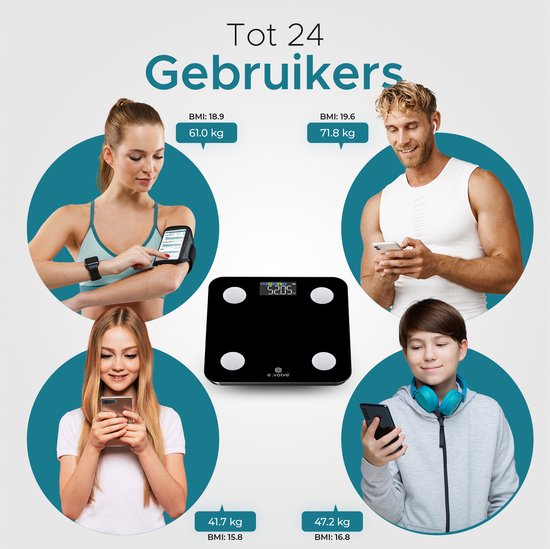 e.volve Weegschaal Personenweegschaal Digitaal - 20 Metingen - Slimme Weegschaal met Lichaamsanalyse - Kleurenscherm - Precisie Weegschaal - Weegschalen - Digitale Weegschaal - Incl. App