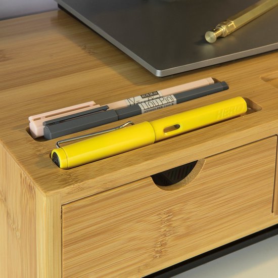 SoBuy BBF03-N Monitorstandaard Bureau-organizer met 3 Laden - Bamboe - 51x12x25cm