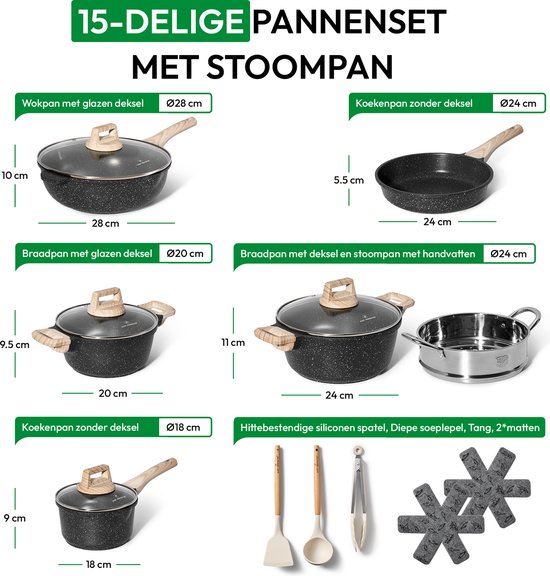 Just Perfecto 15 Delige Pannenset Inductie - Zwarte Pannenset Met Deksel Voor Gas en Inductie - PFAS vrij - Koudgrepen