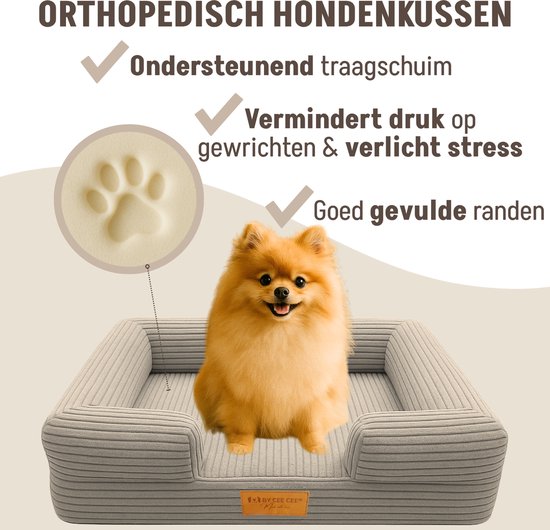 By Cee Cee Orthopedische Hondenmand – Hondenbed – Ribstof - Voor Kleine Honden - Mokka Taupe - 80x55 cm