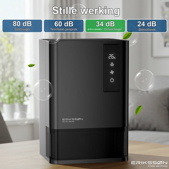 Erikssøn Luchtontvochtiger Dry Pro Series – Ontvochtigt Tot 1,2L/Dag – Zwart – 360° Circulatie & Hygrometer