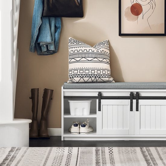 SoBuy Schoenenrek met Schuifdeuren, Halmeubel met Kussen, 6 Vakken Schoenenbank voor Entree, 90x35x46 cm, Wit, FSR133-K-W