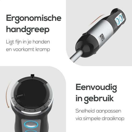 KitchenLove Staafmixer - 800W - 6 Snelheden + Turbo - Zwart/RVS