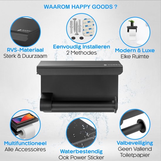 Happy Goods WC Rolhouder met Plankje - Zelfklevend / Boren - Toiletrolhouder Zwart zonder Boren - RVS - Incl. Schroeven