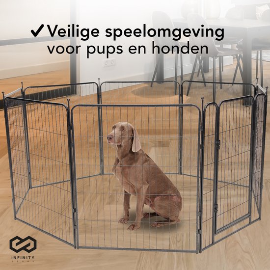 Infinity Goods Hondenren - Puppyren - 8 Panelen - 80 x 80 CM - 640 CM Omtrek - Opvouwbaar - Met Deur - Staal - Zwart