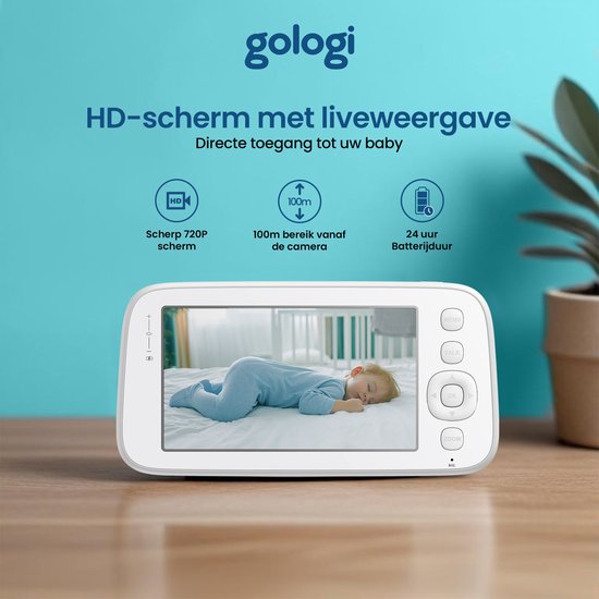 Gologi Babyfoon met Camera – Baby Monitor – Baby Camera - Op afstand bestuurbaar via App en Scherm - Wit