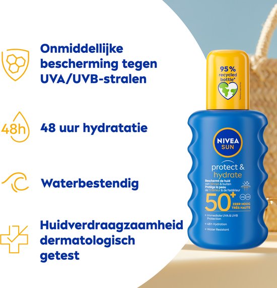 NIVEA SUN Protect & Hydrate Zonnebrand Spray - SPF 50 - Zonnespray - Beschermt en hydrateert - Zonbescherming - Koraalvriendelijk - Met Vitamine E - 200 ml