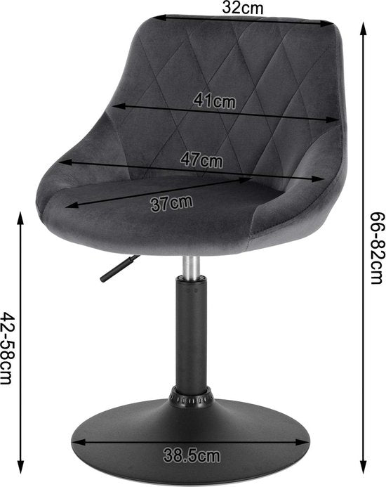 Rootz Velvet Barkruk - Tegenstoel - Verstelbare zitting - Draaikruk - Lounge Sessel - Gewatteerde kruk - Keukenstoel - Donkergrijs - 22,0x19,3x15,7 inch