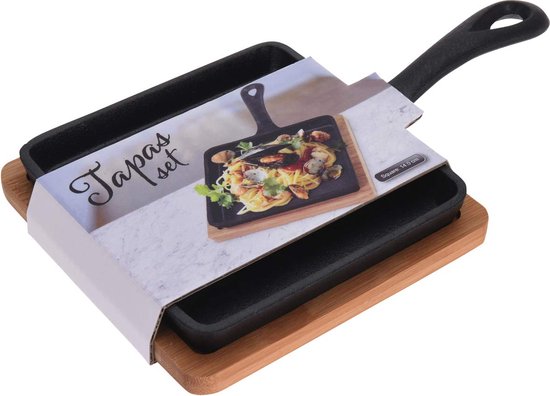 Excellent Houseware Serveerpannetje met plank - gietijzer - bamboe hout - 14 cm