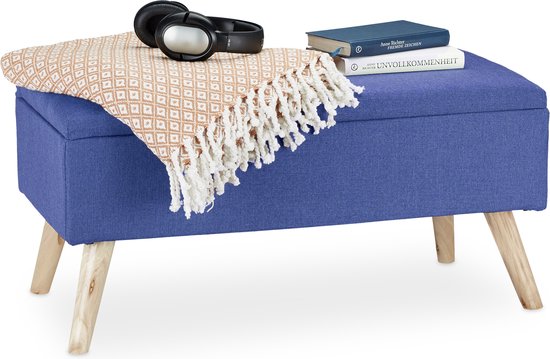 zitbank met opbergruimte - 39,5 x 79,5 x 39,5 cm - kussen - houten poten - halbank - blauw