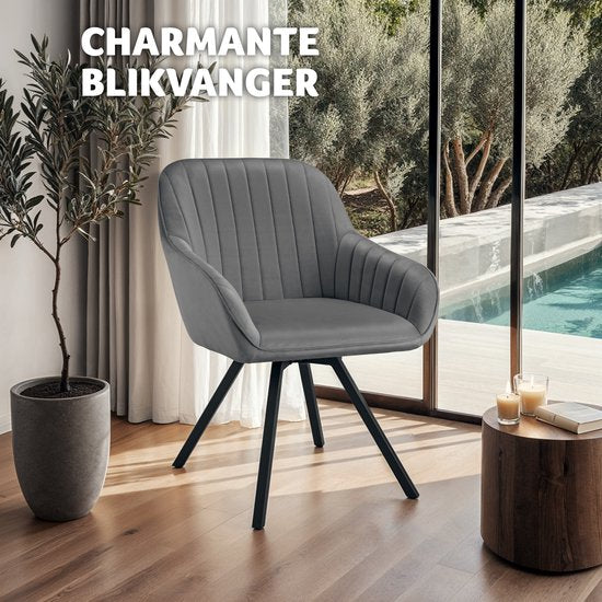 tectake® - Draaibare eetkamerstoel met armleuningen - Ergonomische kuipstoel met fluwelen bekleding - Gewatteerd - Draaistoel voor woonkamer, eettafel, studeerkamer, kaptafel en keuken - Grijs