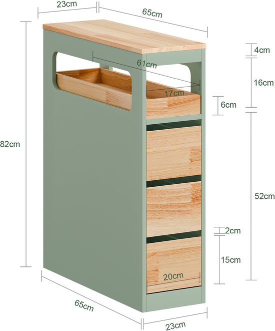 SoBuy Badkamerrek met 3 Lades - Smalle Badkamerkast op Wieltjes - Multifunctionele Opslag - Groen, 65x24x82cm, BZR54-II-GR