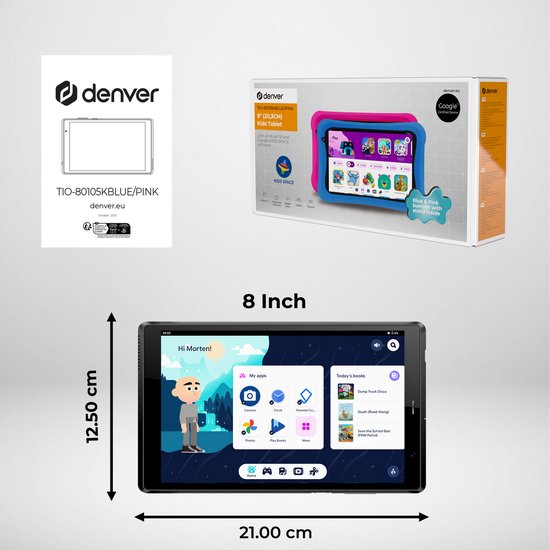 Denver Kindertablet - Android 13 – Ouderlijk Toezicht - 4GB RAM - 64GB intern geheugen - 8 Inch - . Blauwe en Roze Tablethoes - TIO80105K
