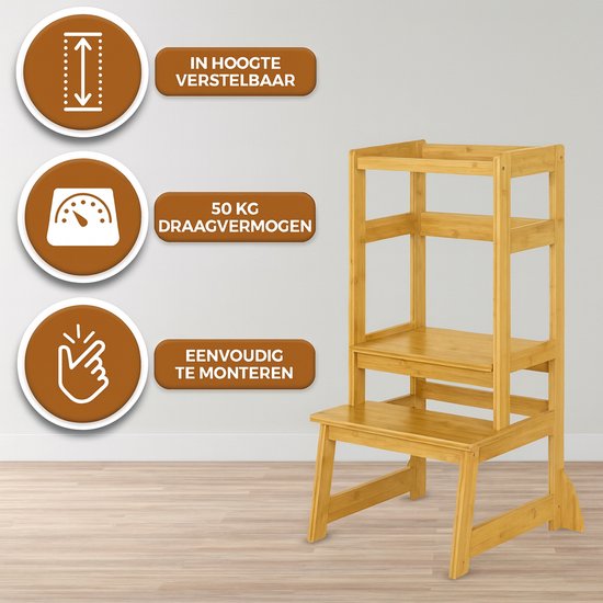 Oemmie Leertoren - Learning Tower - Montessori Leertoren - Leertoren keukenhulp - Leer Toren - Opstapje - Kindertrapje - Bruin
