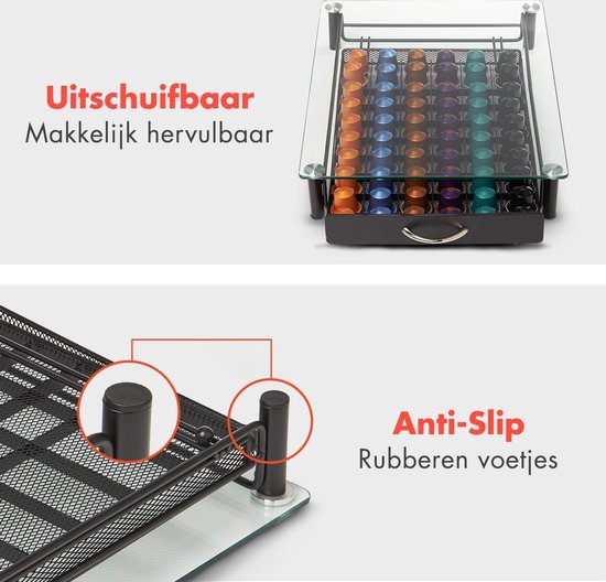 KitchenBrothers Capsulehouder - met Lade - Nespresso - 60 Cups - Glas - RVS/Zwart