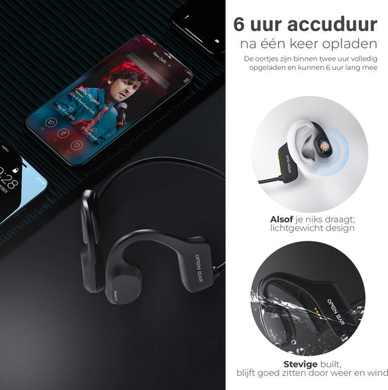 Soundvibe® Bone Conduction Headphone Zwart - Sporthoofdtelefoon - Sport oortjes - Draadloze oordopjes - Waterbestendig - 8GB Interne Geheugenkaart - Sport Koptelefoon - Voor alle Telefoons en Laptops - Hardloop Oortjes - Wireless Earphones